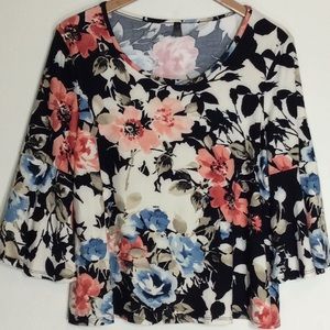 Ashley Blue Floral Swing Top w/Bell Sleeves